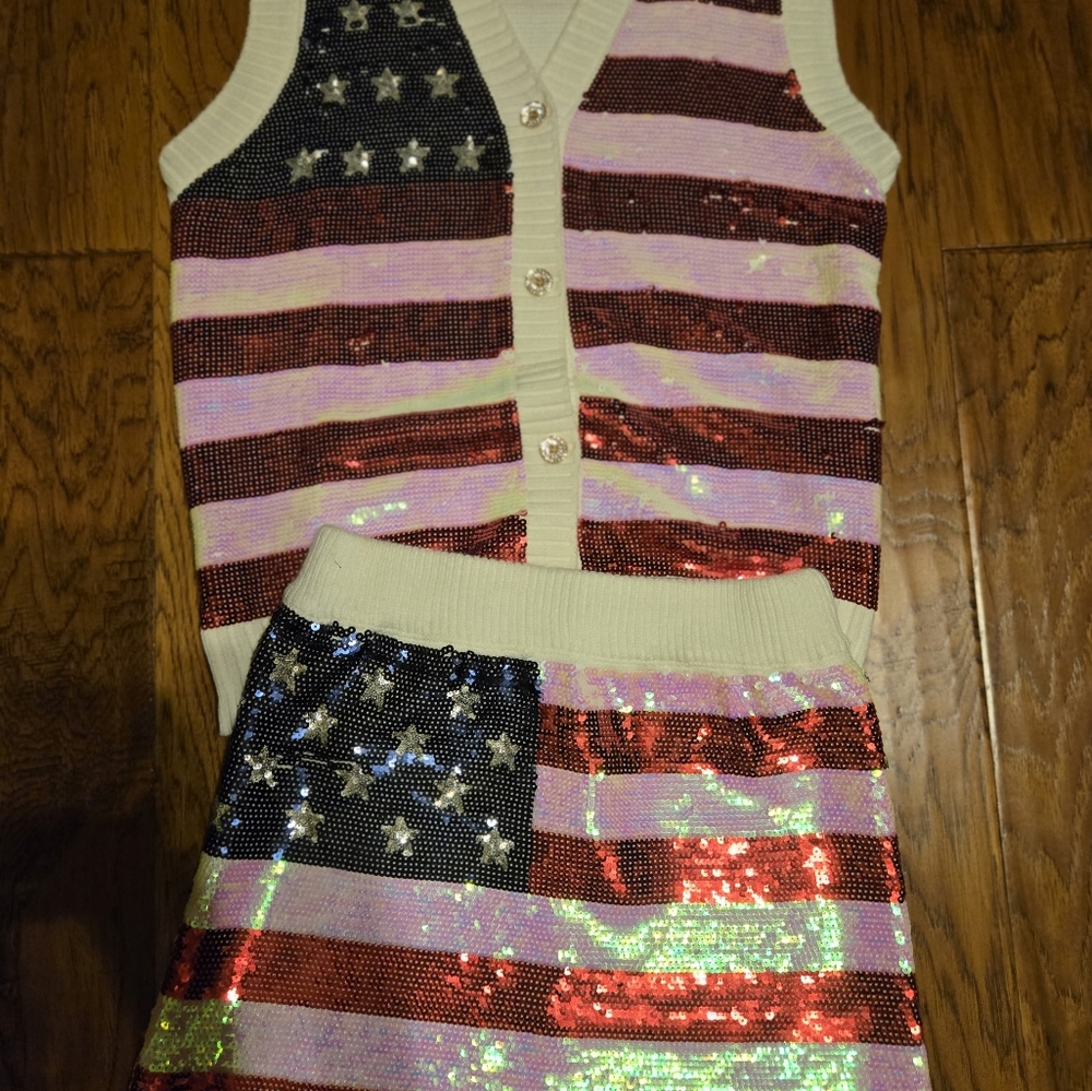 QUEEN OF SPARKLES Sequin American Flag Mini Skirt And Vest